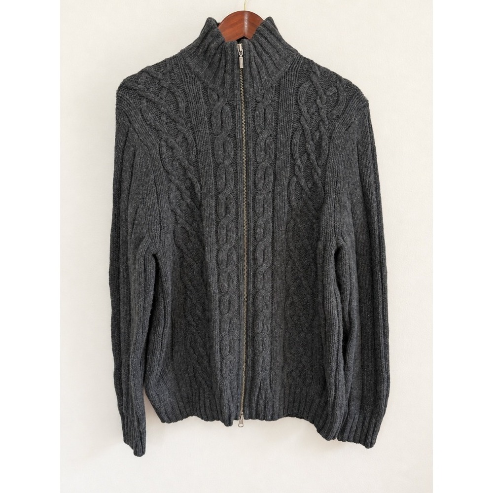 Cherokee Gray Lambswool Blend Cable Knit Full Zip Mock Neck Sweater Sz Medium